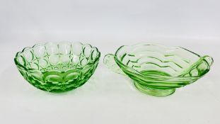 TWO VINTAGE URANIUM GLASS BOWLS, ONE IN THE ART DECO STYLE.