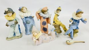 A GROUP OF 5 NAO BY LLADRO CLOWN FIGURES (2 A/F) + A LEONARDO COLLECTION EXAMPLE.