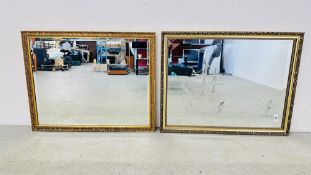 A GILT FRAMED RECTANGULAR BEVELLED MIRROR WITH ETCHED TALL SHIP DESIGN ALONG WITH A FURTHER GILT