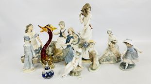 A GROUP OF 9 NAO AND LLADRO PORCELAIN CABINET ORNAMENTS A/F + AN ART GLASS DUCK A/F AND AN ART