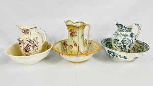 THREE VINTAGE WASH JUGS AND BOWLS TO INCLUDE A MAY BLOSSOM EXAMPLE (HAVING HAIRLINE CRACK).