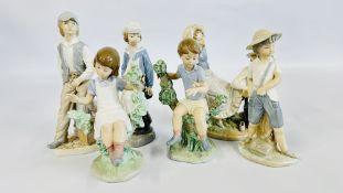 A GROUP OF 7 ASSORTED LLADRO AND NAO FIGURES TO INCLUDE A FIGURED GROUP AND SEATED CHILDREN.