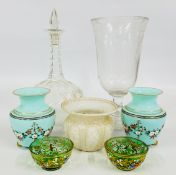 AN ANTIQUE ETCHED GLASS CELERY VASE + A PAIR OF TURQUOISE OPALINE GLASS VASES, H 10.