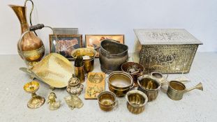 TWO BOXES OF ASSORTED METAL WARE TO INCLUDE BRASS AND COPPER, COAL BUCKETS, LARGE EWER,