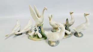 A GROUP OF 9 ASSORTED LLADRO AND NAO GEESE ORNAMENTS TO INCLUDE GROUPS.