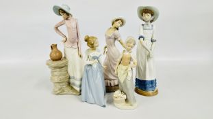 A GROUP OF 5 NAO BY LLADRO FIGURINES TO INCLUDE A YOUNG GIRL FANNING HERSELF ALONG WITH A MATT