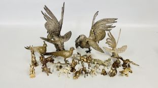 A GROUP OF SILVER PLATED MINIATURE ANIMALS AND BIRD STUDIES ALONG WITH LARGE COCKERELS AND A PAIR