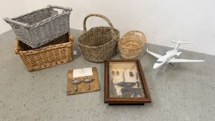 A 3D NAUTICAL DISPLAY, MODEL AIRCRAFT, FOUR WICKER BASKETS AND TWO DUCK HOOKS.