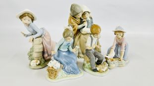 A GROUP OF 5 NAO BY LLADRO STUDIES TO INCLUDE CHILDREN AND PETS + A FIGURED GROUP.