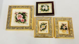 FOUR SMALL FRAMED CAPODIMONTE RELIEF DECORATED FLORAL PLAQUES.