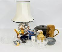 A VINTAGE WHITE METAL OPEN WORK BASKET WITH A BLUE GLASS LINER,