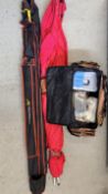 A GROUP OF SEA FISHING EQUIPMENT TO INCLUDE REELS (INCLUDING DIAWA), RODS, BEACH BIVVY, WEIGHTS,
