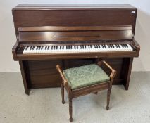 UPRIGHT WELMAR IRON FRAMED PIANO WITH MUSIC STOOL.