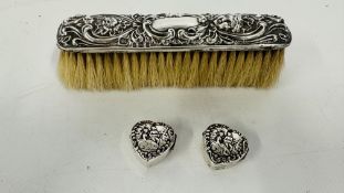 TWO SILVER HEART SHAPED PILL BOXES (ONE HINGE A/F) AND A SILVER BACKED BRUSH.