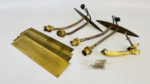 VINTAGE BRASS WALL / PICTURE SCONCE LIGHTS, 4 X VINTAGE BRASS FINGER PLATES AND A DOOR KNOCKER.