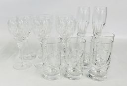 A PAIR OF GOOD QUALITY CHAMPAGNE FLUTES + A SET OF 6 