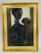 A GILT FRAMED OIL ON BOARD DEPICTING A STYLIZED MOTHER & CHILD BEARING MONOGRAM L.R., W 32 X H 47CM.