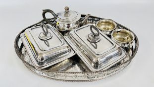 A THREE PIECE SILVER PLATED TEA SET ON LARGE PLATED GALLERY TRAY + TWO LARGE SILVER PLATED TUREENS.