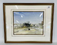 A FRAMED AND MOUNTED WATERCOLOUR DEPICTING A SOUTHWOLD COASTAL SCENE BEARING SIGNATURE C.W.