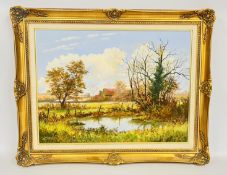 K. CURTIS: RURAL SCENE WITH POND, OIL ON BOARD, 45 X 60CM.