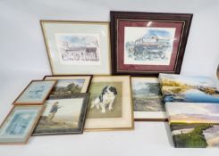 A GROUP OF FRAMED PRINTS AND PICTURES + A PAIR OF COASTAL CANVASES.