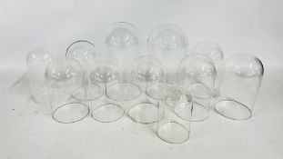 10 X GLASS DOMES, TALLEST APPROX 28CM, ONE PLASTIC.