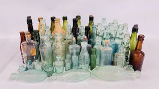 TWO BOXES CONTAINING A COLLECTION OF VINTAGE GLASS BOTTLES INCLUDING LOCAL NORWICH EXAMPLES.