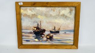 A FRAMED OIL ON CANVAS DEPICTING FISHING TRAWLERS MARKED LUGANO 2000, W 53 X H 39CM.