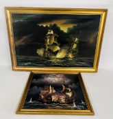 TWO FRAMED OIL ON CANVAS SHIPPING RELATED STUDIES BEARING SIGNATURE J. HARVEY.