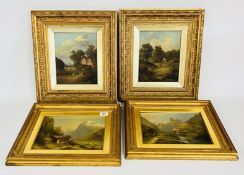 A PAIR OF ANTIQUE GILT FRAMED OIL ON CANVAS PICTURES DEPICTING RURAL COTTAGES, UNSIGNED,