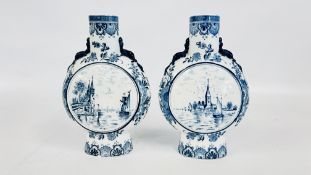 A MATCHED PAIR OF VINTAGE DELFT MOON VASES MARKED DEC 507, H 27CM (BASE CHIP TO ONE EXAMPLE).