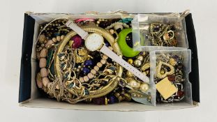 A BOX OF ASSORTED COSTUME JEWELLERY TO INCLUDE BEADED NECKLACES, FASHION EARRINGS ETC.
