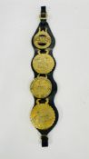 A SET OF 4 RAILWAY RELATED HORSE BRASSES MOUNTED ON A LEATHER STRAP.