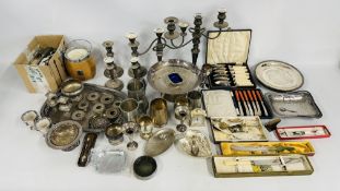 TWO BOXES OF ASSORTED PLATED WARES TO INCLUDE TROPHY CUPS, A TANKARD, A GOBLET, SALVERS, DISHES,