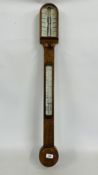 A REPRODUCTION OAK STICK BAROMETER 92CM HIGH.