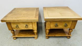 A PAIR OF BAKER BEDFORD FLAGSTONE SINGLE DRAWER LAMP TABLES.