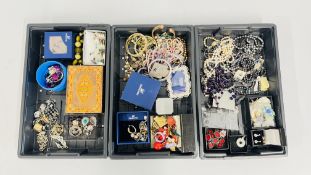THREE TRAYS CONTAINING A COLLECTION OF ASSORTED COSTUME JEWELLERY, BEADED NECKLACES,