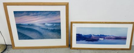 AN OAK FRAMED PRINT AFTER GARETH HAYKIN, TRANQUIL BRANCASTER STAITHE NORFOLK,