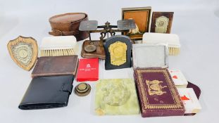 A BOX OF COLLECTIBLES INCLUDING A SILVER PHOTO FRAME AND POSTAL SCALES ETC.