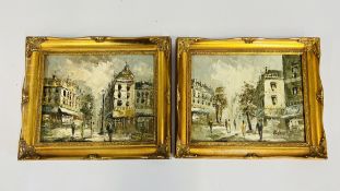 A PAIR OF FRAMED AND MOUNTED OIL ON BOARD CONTINENTAL STREET SCENES BEARING SIGNATURE BURNETT,