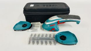 BOSCH RECHARGEABLE TRIMMING DEVICE WITH CHARGER, CARRY CASE AND TWO BLADES - SOLD AS SEEN.