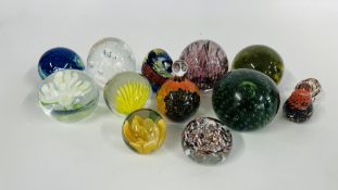 11 X ART GLASS PAPERWEIGHTS & ONE COLOURED GLASS BIRD.