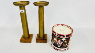 A PAIR OF TRENCH ART CANDLE HOLDERS AND A WELSH GUARD'S ICE BUCKET.
