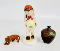 A ROYAL DUX FIGURE OF A FARMER GIRL AND A SMALL STUDIO VASE IRIDESCENT FINISH BEARING AN INDISTINCT