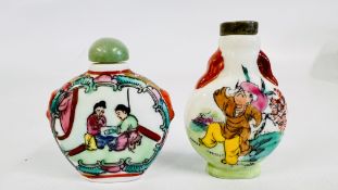 TWO ORIENTAL CERAMIC SNUFF BOTTLES, HAND PAINTED.