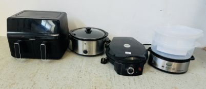 A GROUP OF KITCHEN EQUIPMENT TO INCLUDE AMBIANO AIR FRYER, TESCO SLOW COOKER,