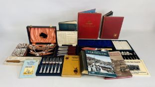 A GROUP OF CASED PLATED CUTLERY + SMALL GROUP OF BOOKS INCLUDING LOCAL, JOHN FLEMMING, ETC.