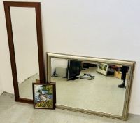 2 X VARIOUS WALL MIRRORS WITH BEVELLED GLASS (LARGEST 71 X 102CM) AND A NEEDLEWORK OF A DUCK.