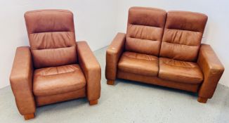 A GOOD QUALITY TWO PIECE LEATHER STRESSLESS LOUNGE SUITE COMPRISING OF TWO SEATER RECLINING SOFA