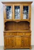 MODERN OAK TWO DRAWER, TWO DOOR DRESSER BASE WITH THREE DOOR GLAZED TOP, W 123CM X D 43CM X H 201CM.